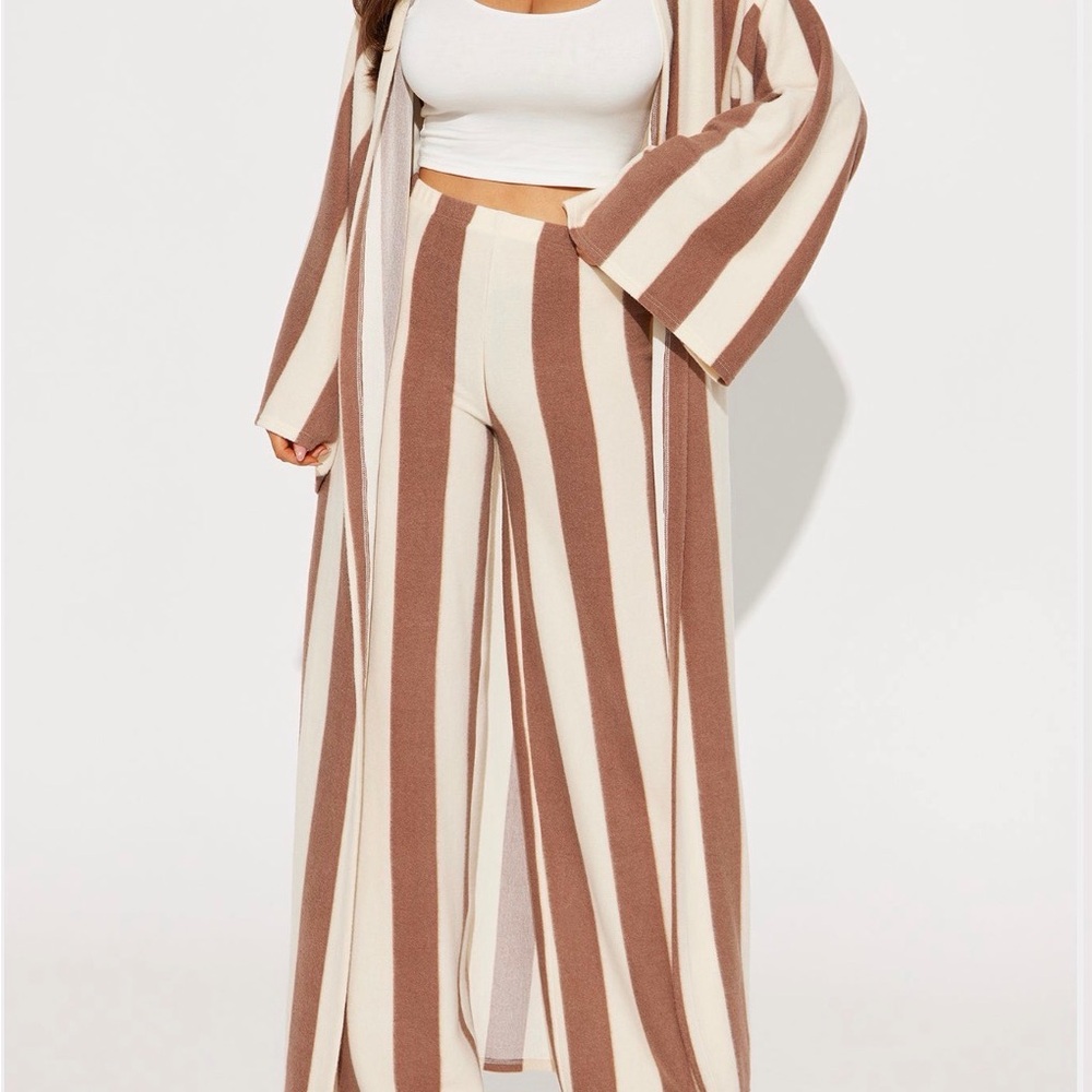 Fashion Nova Brown and Cream Striped Wide Leg Jumpsuit